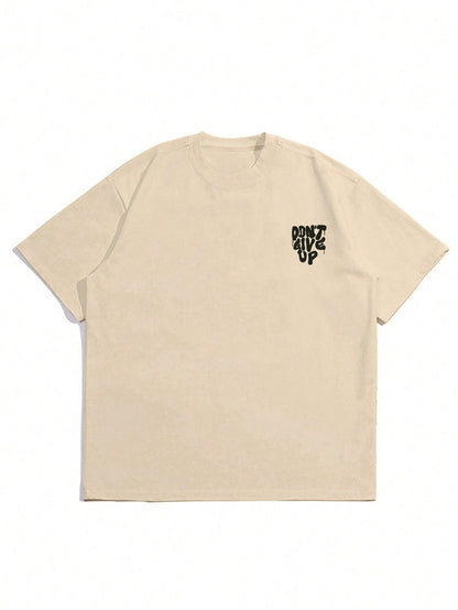 Don't Give Up Beige Off Shoulder Graphic Tee