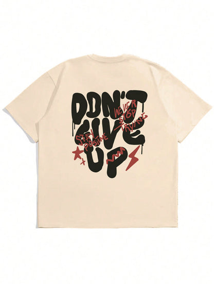 Don't Give Up Beige Off Shoulder Graphic Tee