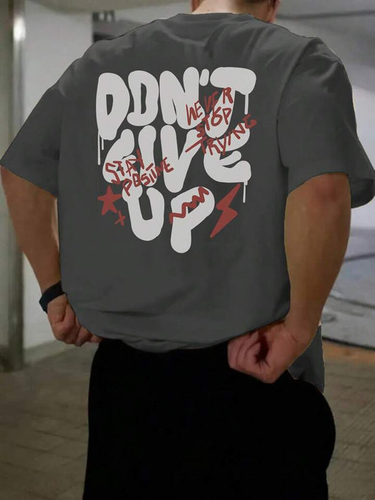 Don't Give Up Dark Grey Off Shoulder Graphic Imported Tee