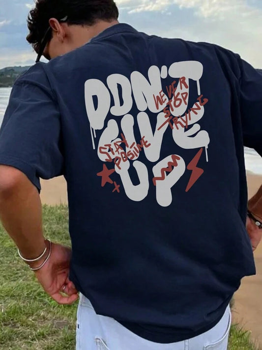 Don't Give Up Navy Blue Off Shoulder Graphic Tee